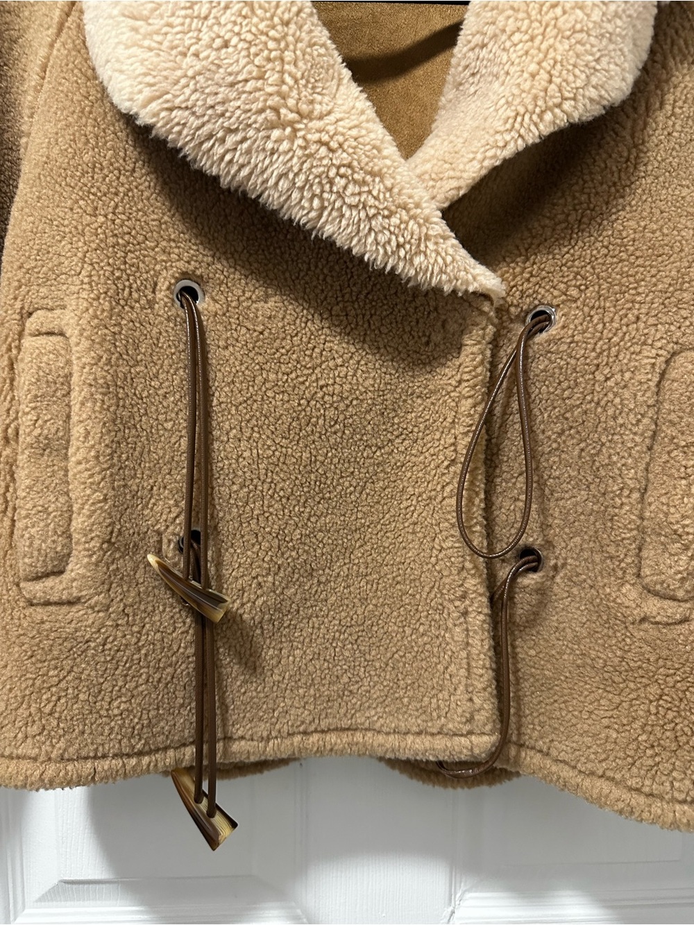 In Studio Teddy Sherpa Jacket Small Camel Faux Shearling Drawstring Bomber Coat - Picture 4 of 8